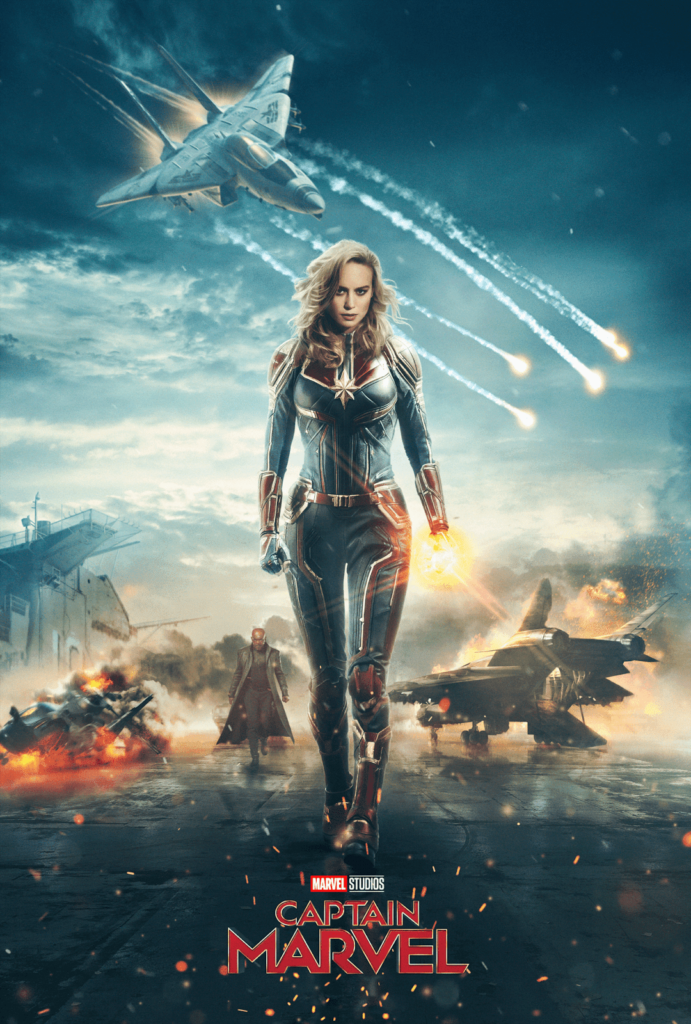 Avenging the Skies: Captain Marvel Soars amidst War-Torn Jets - A Promotional Marvel Poster Wallpaper