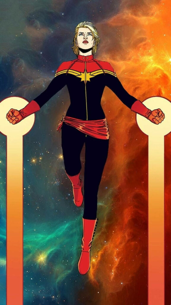 Galactic Glory: Captain Marvel Soaring through a Cosmic Spectrum Wallpaper