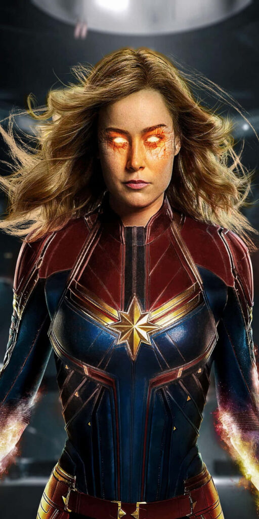 Captain Marvel: Lunar Brilliance with Fiery Gaze Wallpaper