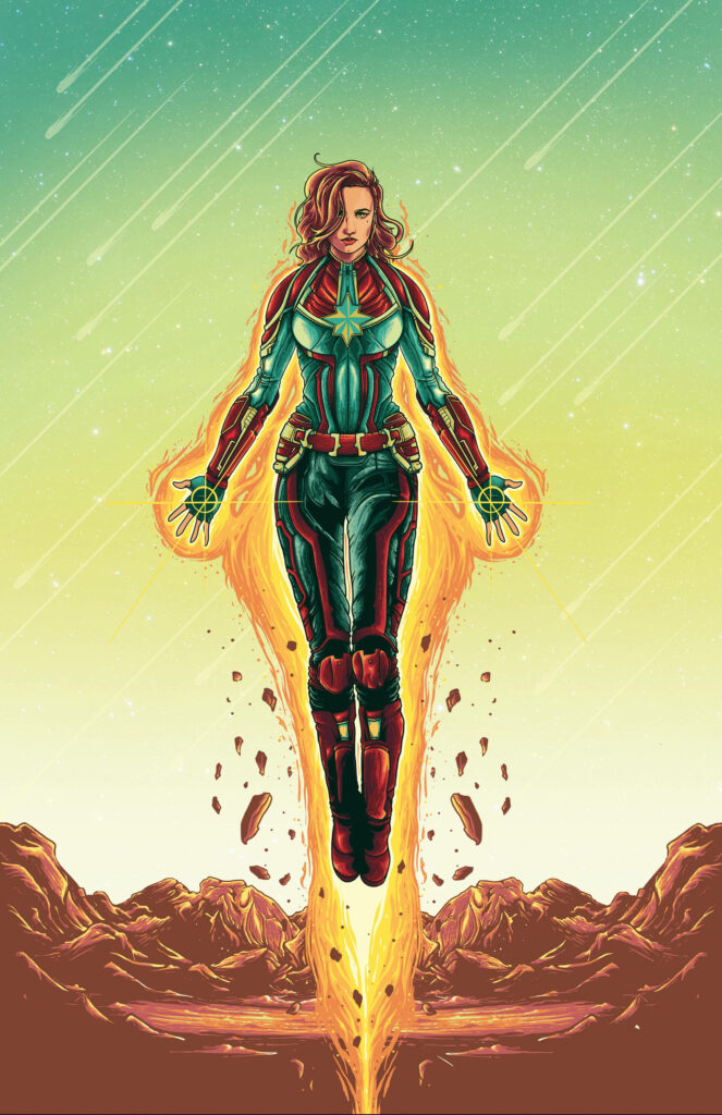 Glorious Captain Marvel Soars with Radiant Brilliance on Vibrant Yellow-Green Canvas Wallpaper