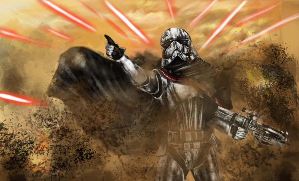 Captain Phasma in chrome armor leads battle with red blaster fire and swirling dust background Wallpaper