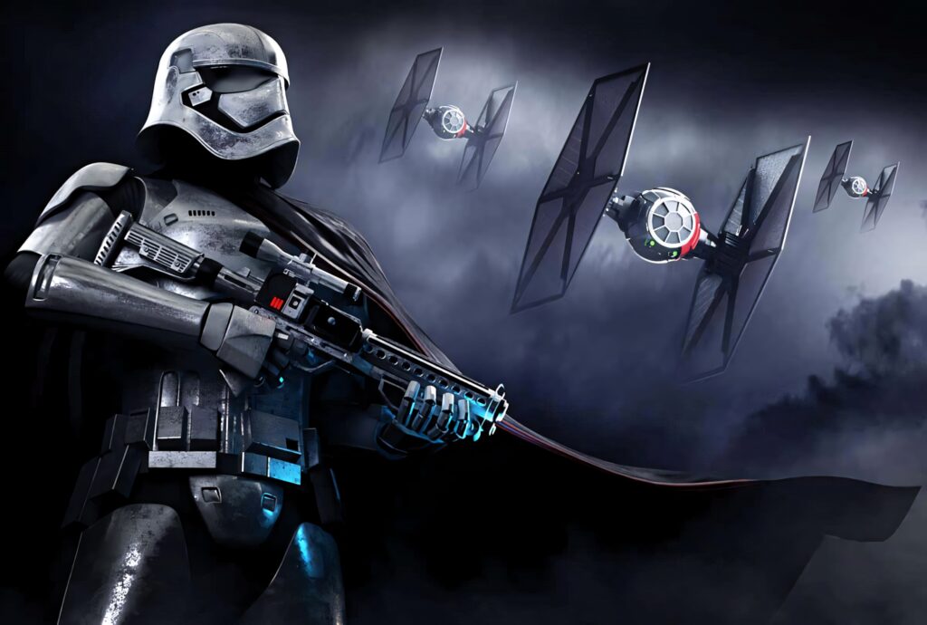 Captain Phasma in shiny chrome armor with blaster against cloudy sky and flying TIE fighters Wallpaper