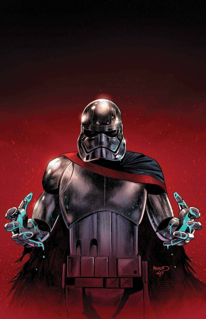 Captain Phasma in chrome armor with blaster against fiery red Star Wars battle comic wallpaper