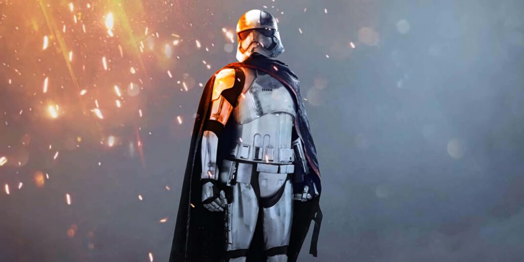 Captain Phasma in full chrome armor with black cape fiery embers misty blue gray background Wallpaper