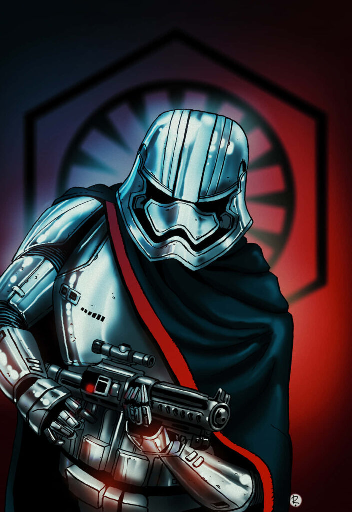 Captain Phasma in chrome armor with black red cape against First Order emblem wallpaper background