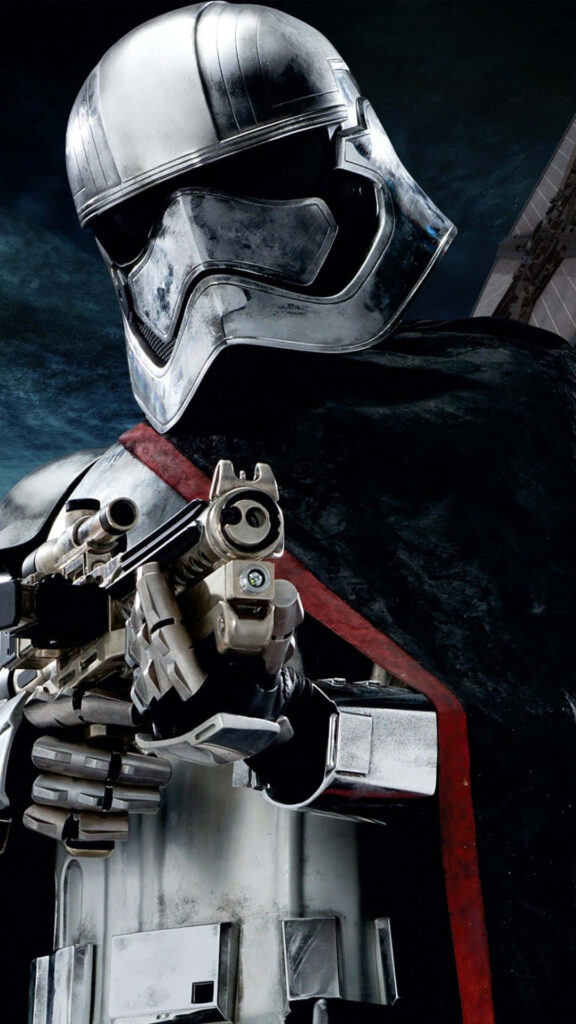 Captain Phasma in chrome armor standing powerfully with dark dramatic background wallpaper