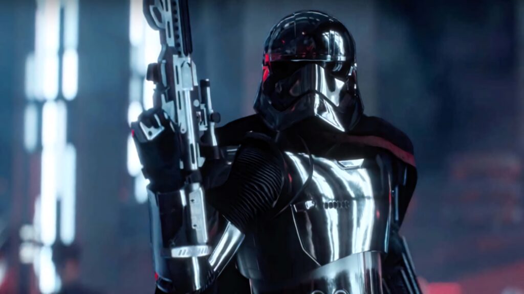 Captain Phasma in chrome armor stands ready for battle with dramatic sci fi metallic background Wallpaper