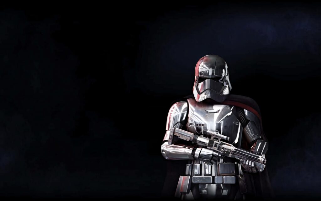 Captain Phasma in gleaming chrome armor with helmet and blaster Star Wars wallpaper background