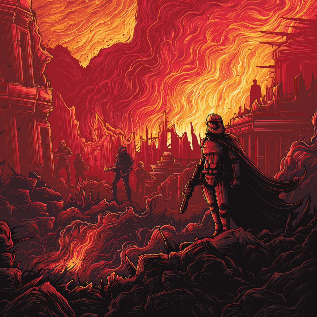 Captain Phasma in chrome armor stands amid fiery apocalyptic landscape with soldiers and ruins Wallpaper