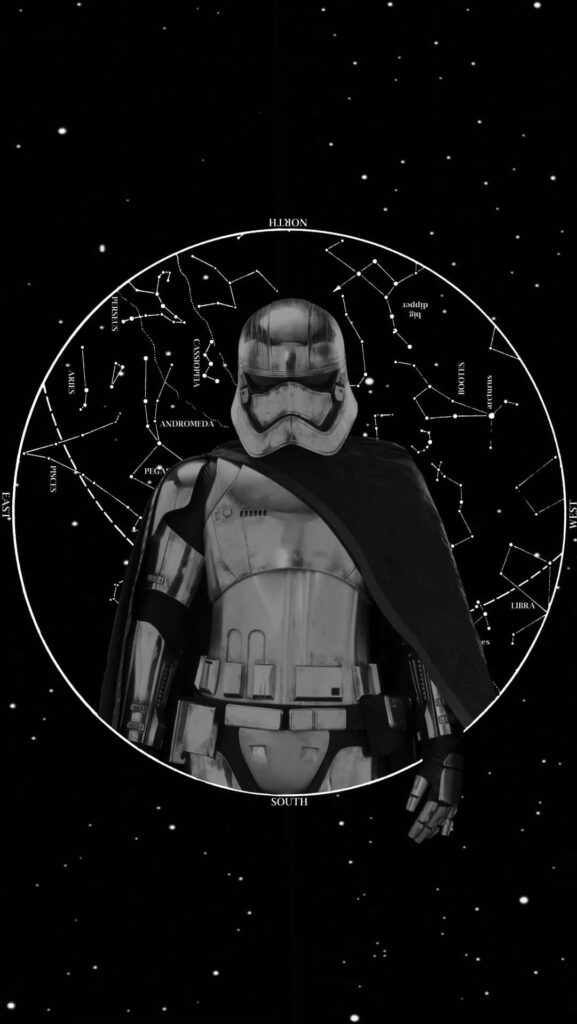 Captain Phasma in silver armor against starry background with cosmic constellation patterns wallpaper
