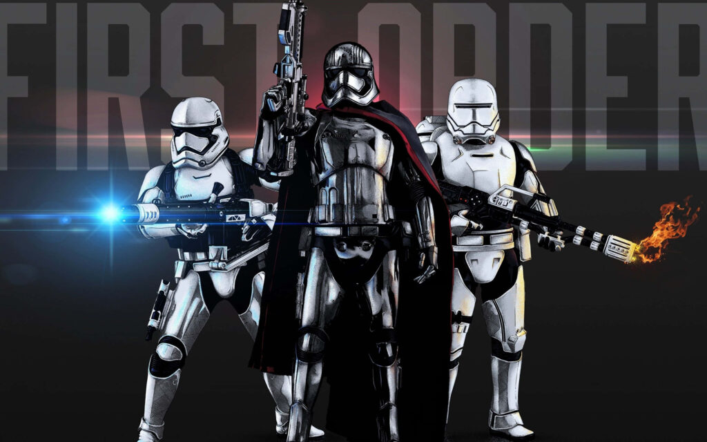 Captain Phasma and two Stormtroopers in metallic armor with blue orange weapons Star Wars wallpaper