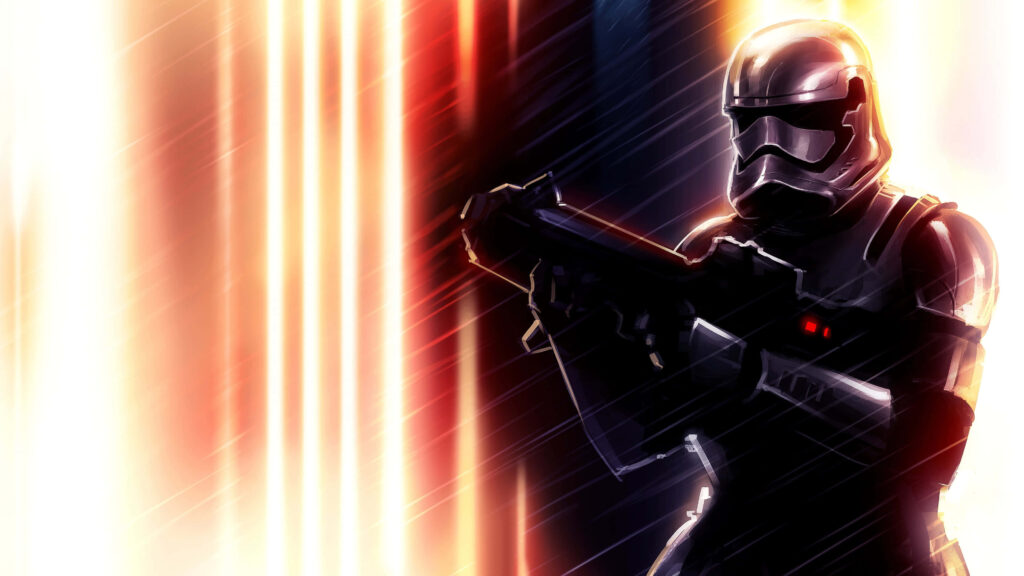 Captain Phasma in gleaming armor with blaster amid orange yellow light and rain cinematic background Wallpaper