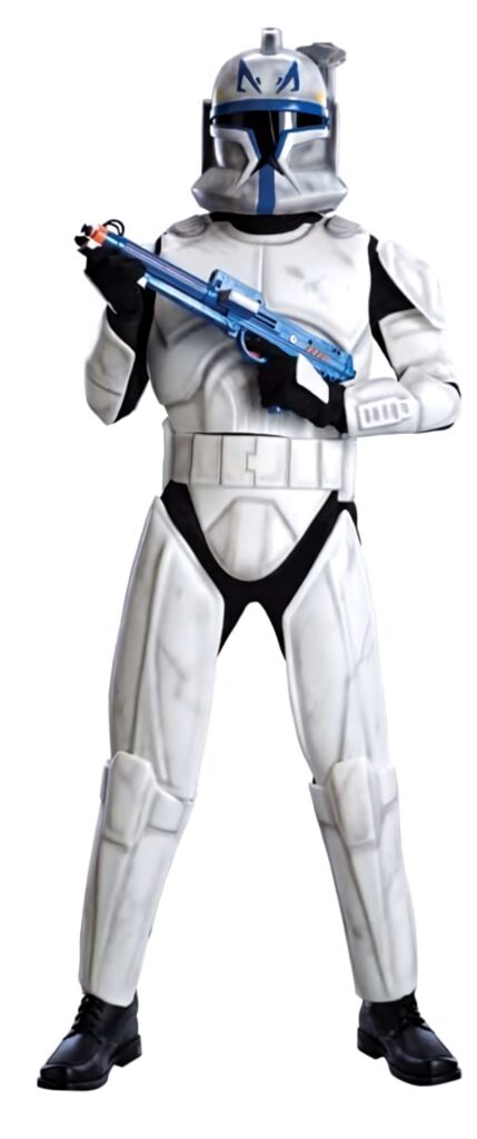 Captain Rex cosplay in detailed white and blue Clone Trooper armor with blaster pistol wallpaper