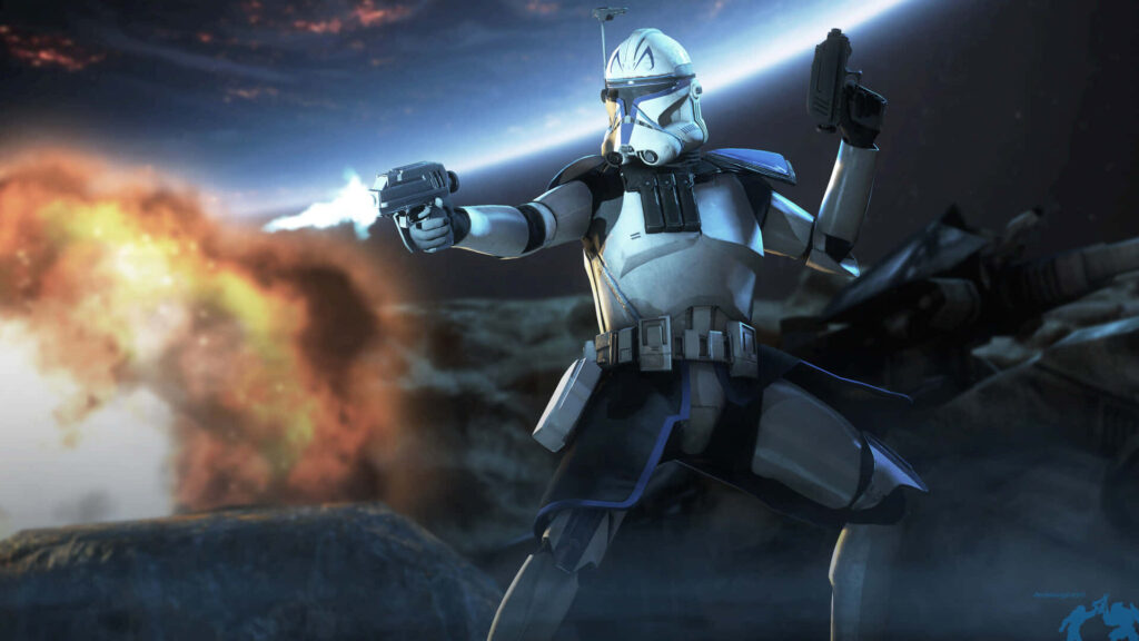 Captain Rex Action Wallpaper: Dynamic Clone Trooper Battle Scene