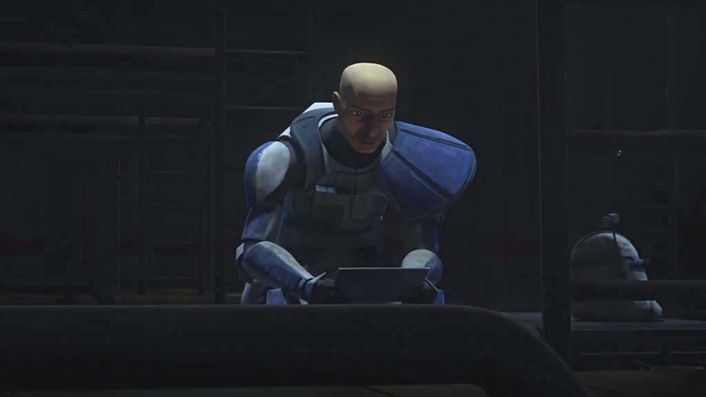 Captain Rex in blue white armor analyzing data tablet in dim industrial Star Wars Clone Wars wallpaper