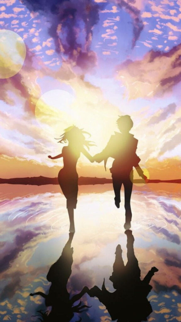 Romantic Silhouettes: Anime Couple Embracing Love on a Beach Sunset Wallpaper