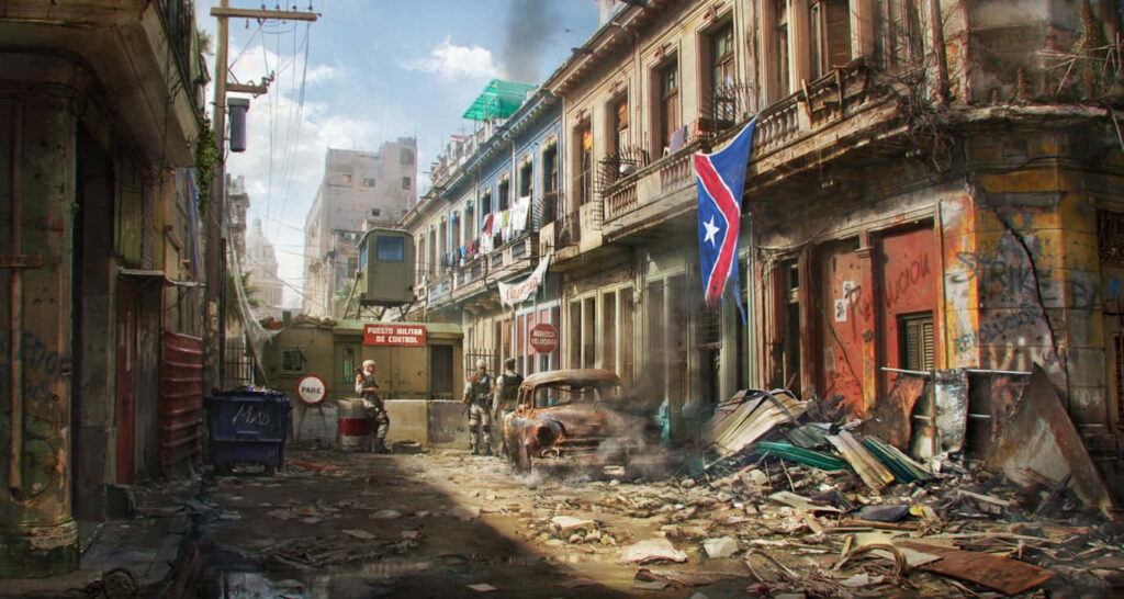 Desolate War-Torn Street Scene with Evocative Atmosphere and Puerto Rican Flag - Concept Art for Video Game Wallpaper