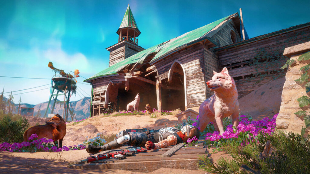 Majestic Encounter: The Enigmatic White Wolf and Red Fox Unite in the Vibrant Far Cry New Dawn Backdrop Wallpaper