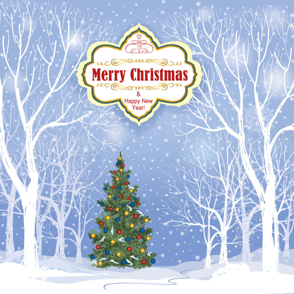 Festive 3D Christmas Scene Wallpaper: Snowy Tree & Holiday Spirit