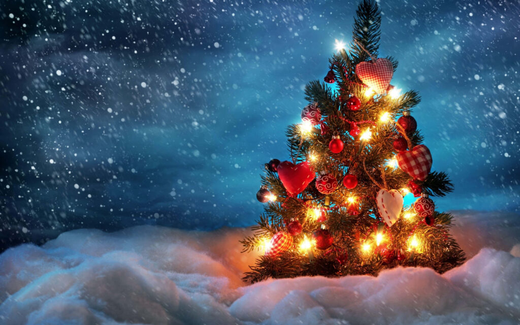 Enchanting 3D Christmas Tree Desktop Wallpaper with Snowflakes