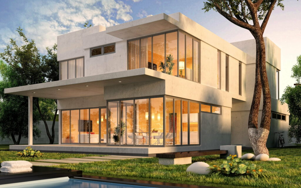 A Captivating Showcase of Modern 3D House Design: HD Wallpaper Displaying a Mesmerizingly Stylish and Contemporary Exterior