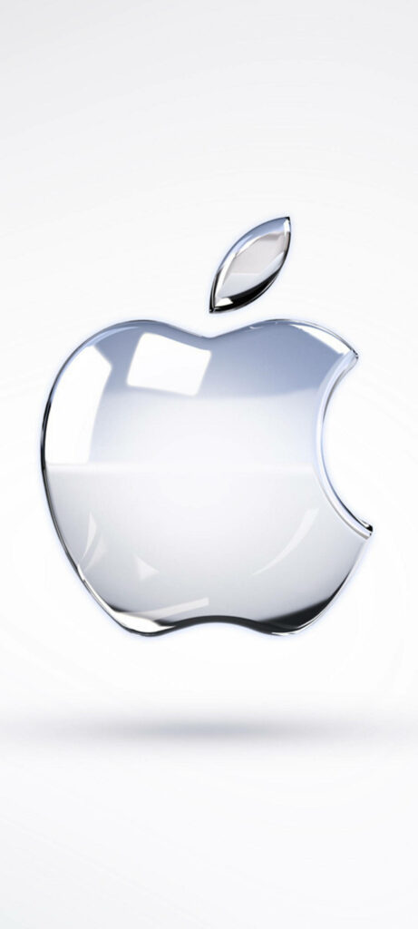 Captivating 3D Silver Apple Logo Floating on a Sleek White iPhone Background Wallpaper