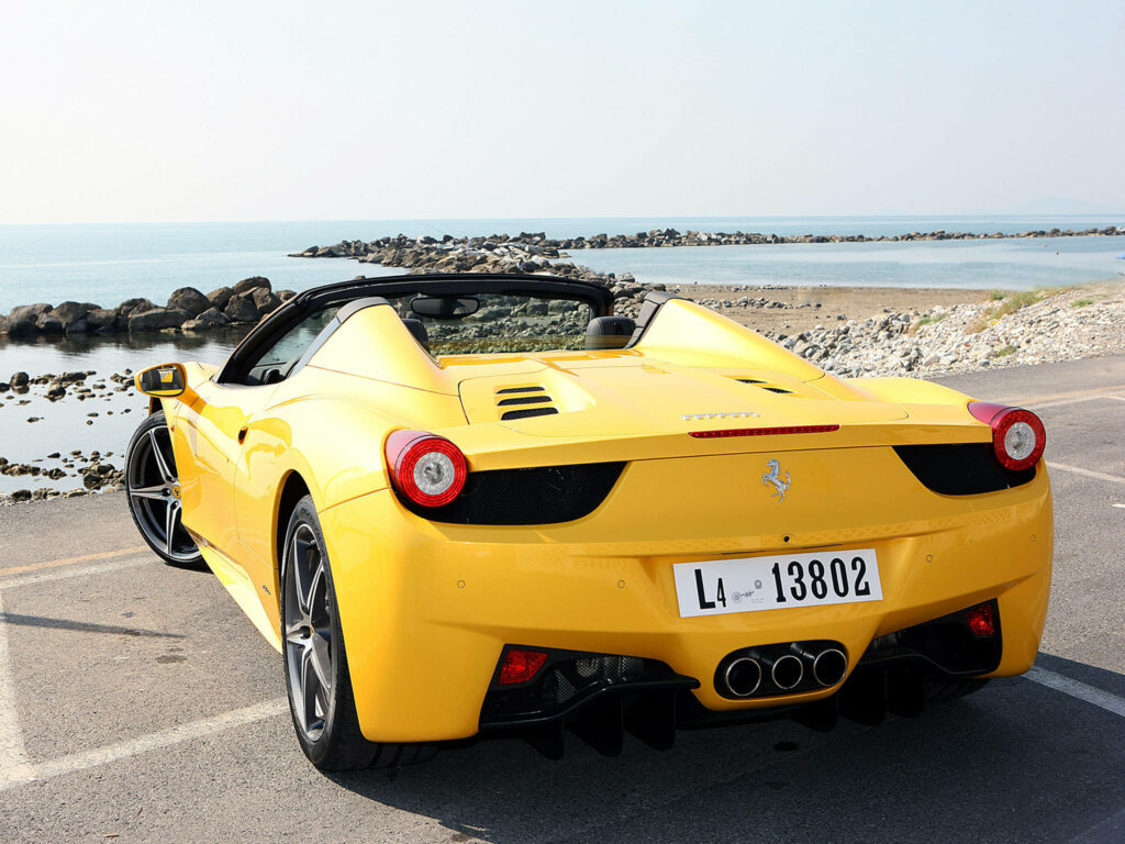 Exquisite Back View of a Stunning 4K Ferrari 2013 Spider – Basking in the Sun near the Scenic Beach Shore Wallpaper