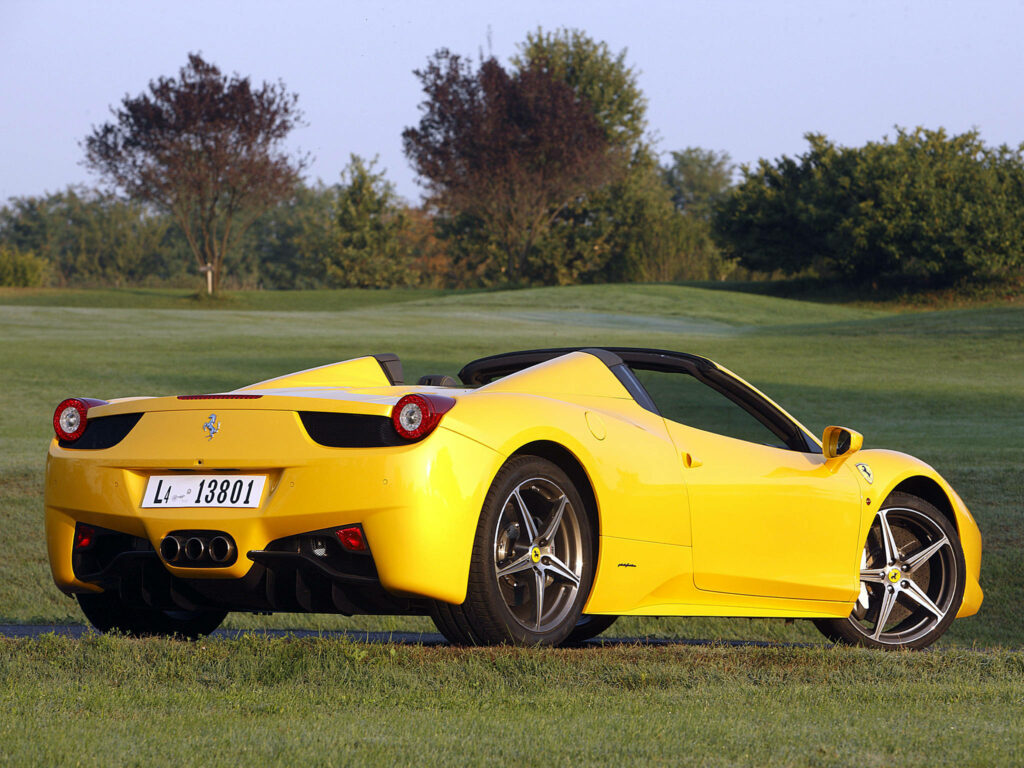 Captivating 4k Ferrari Yellow Spider Car Model: A Stunning Rear View Amidst Scenic Fields Wallpaper