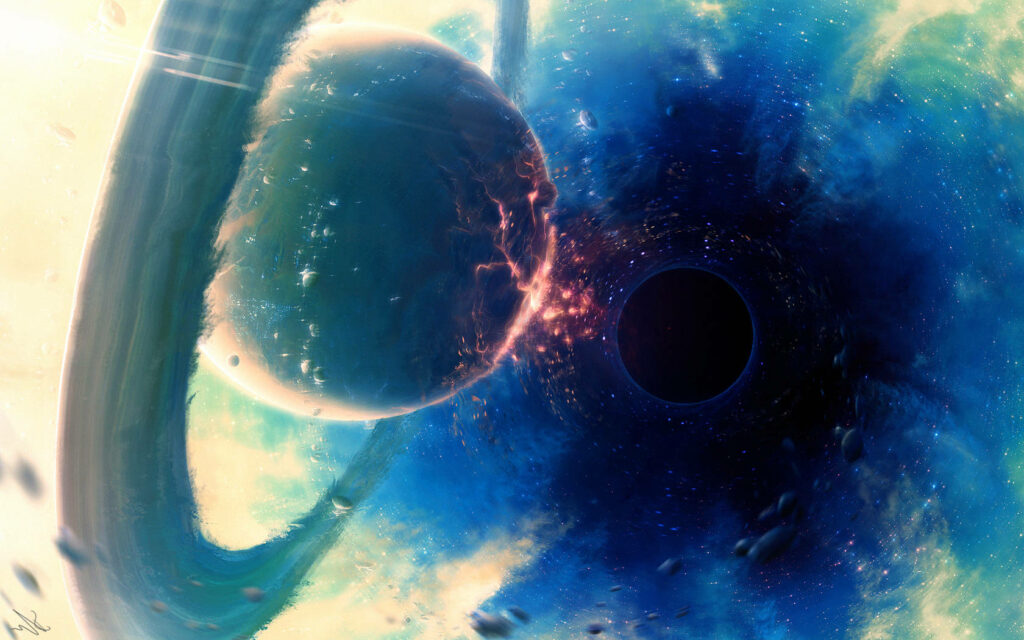 Interstellar Vortex: A 4K Depiction of a Ringed World's Looming Fate within the Gravitational Embrace of a Black Hole Wallpaper