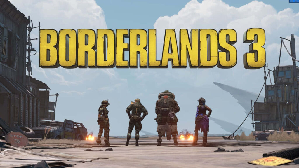 Borderlands 3 Wallpaper with Stylized Characters in Dystopian Landscape
