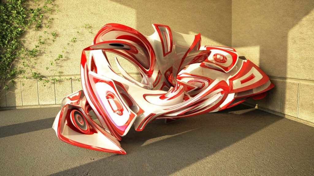 Captivating Abstract Art Wallpaper: Red & White Forms with Greenery