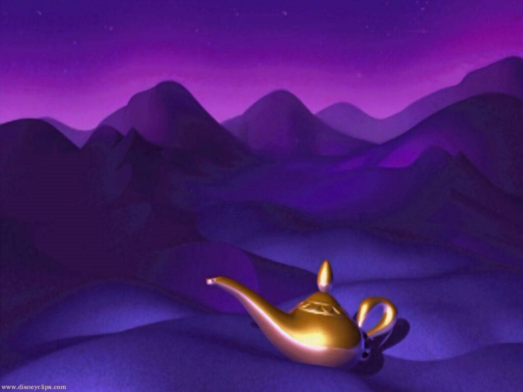 Enchanting Aladdin Wallpaper: Golden Lamp in Mystical Desert Scene