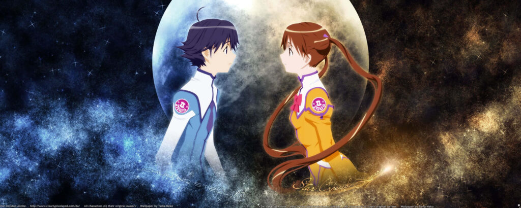 Celestial Romance: Ethereal Anime Couple Soaring Amidst Lunar Beauty Wallpaper