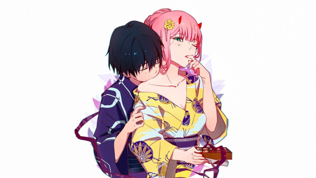 Dynamic Duo: Zero Two and Hiro Unite in Stunning QHD Wallpaper