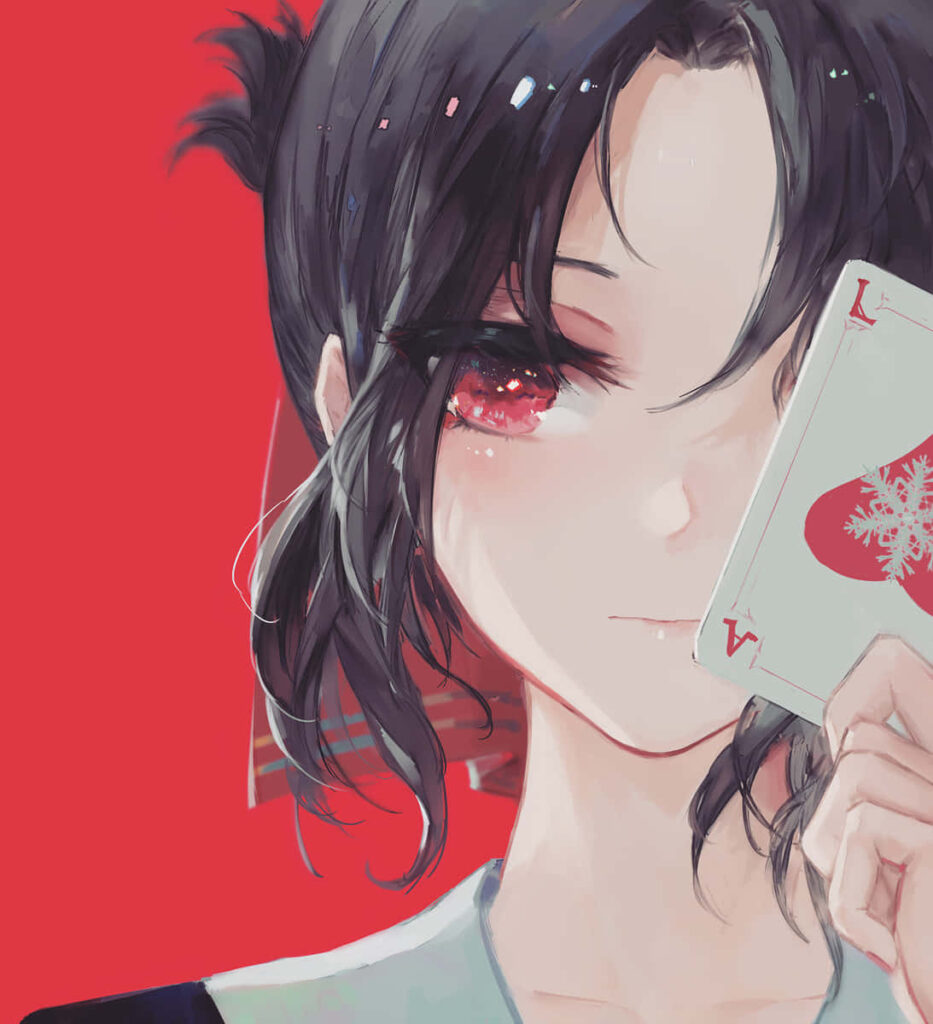 Captivating Anime Girl with Red Eyes & Dark Hair - Stylish Wallpaper