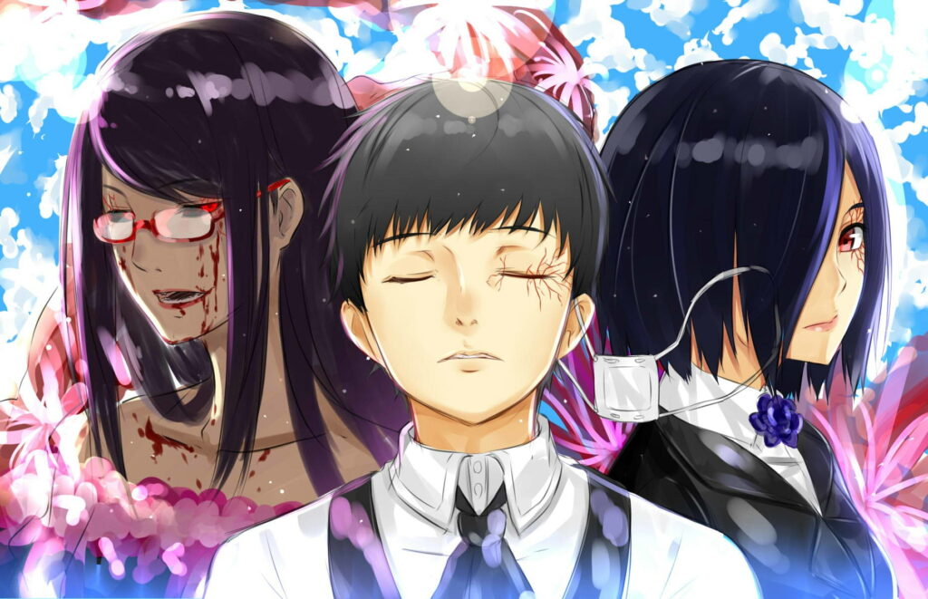 A Dark Encounter: Tokyo Ghoul Trio Amidst Vibrant Anime Wallpaper