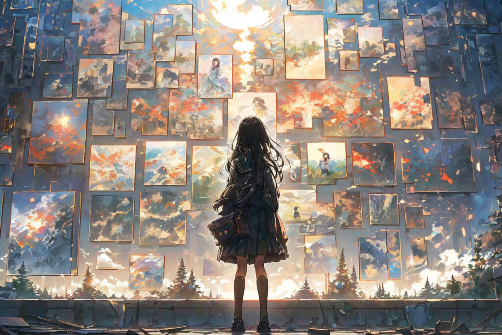 Anime Silhouette Girl Among Colorful Paintings - Captivating Wallpaper