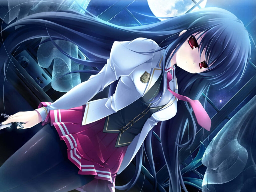 Captivating Anime Wallpaper: Girl in Uniform Under Moonlit Sky