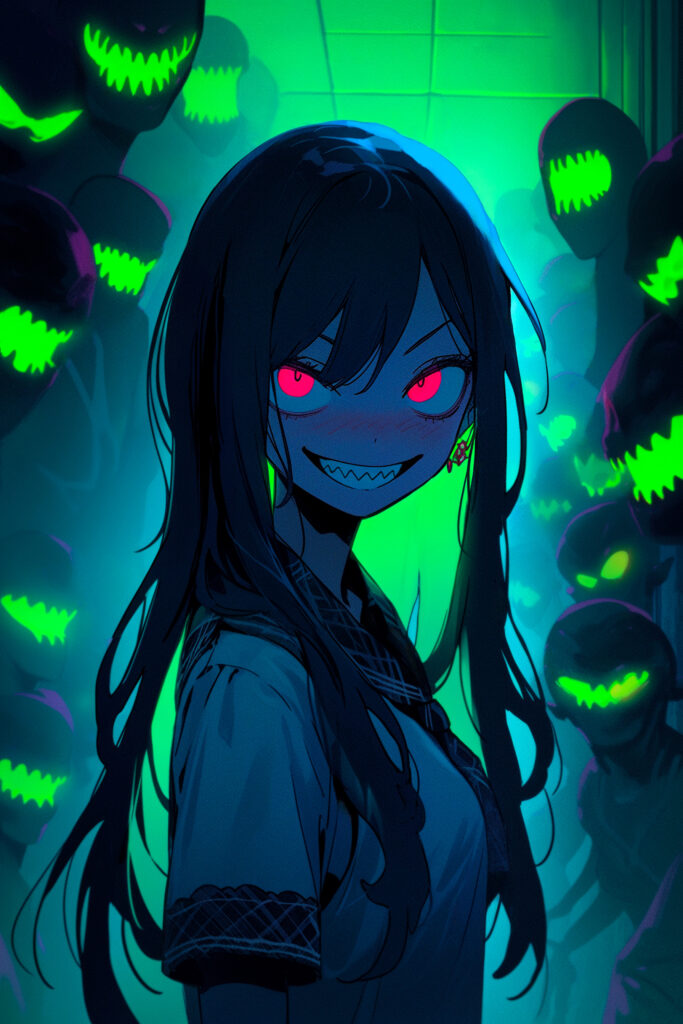 Anime Girl with Intense Smile & Neon Grin Background Wallpaper