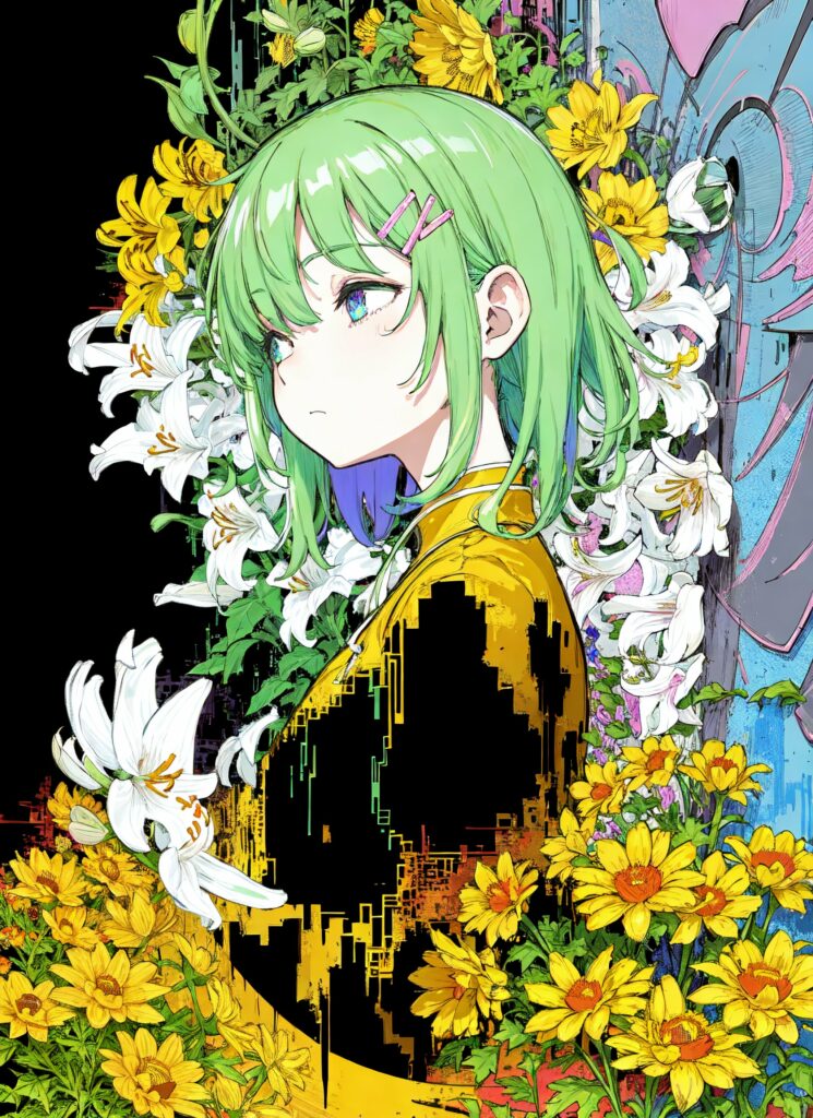 Colorful Anime Wallpaper: Girl With Green Hair & Floral Background