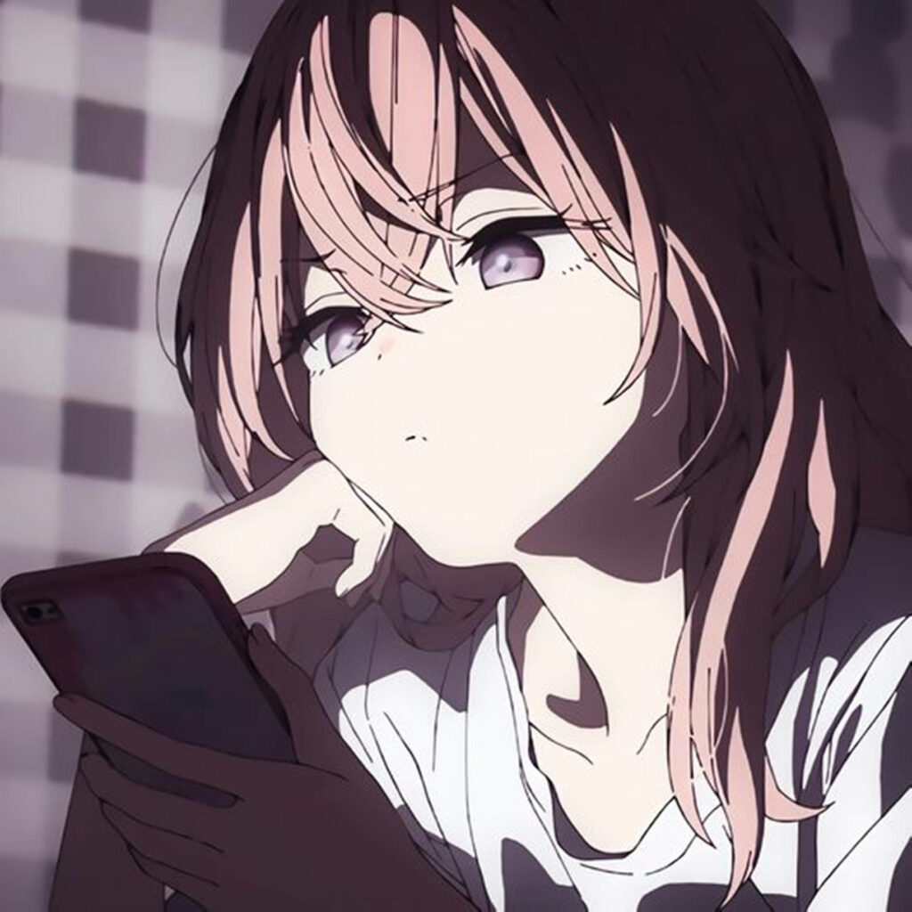 Charming Anime Wallpaper: Pink-Haired Character with Phone