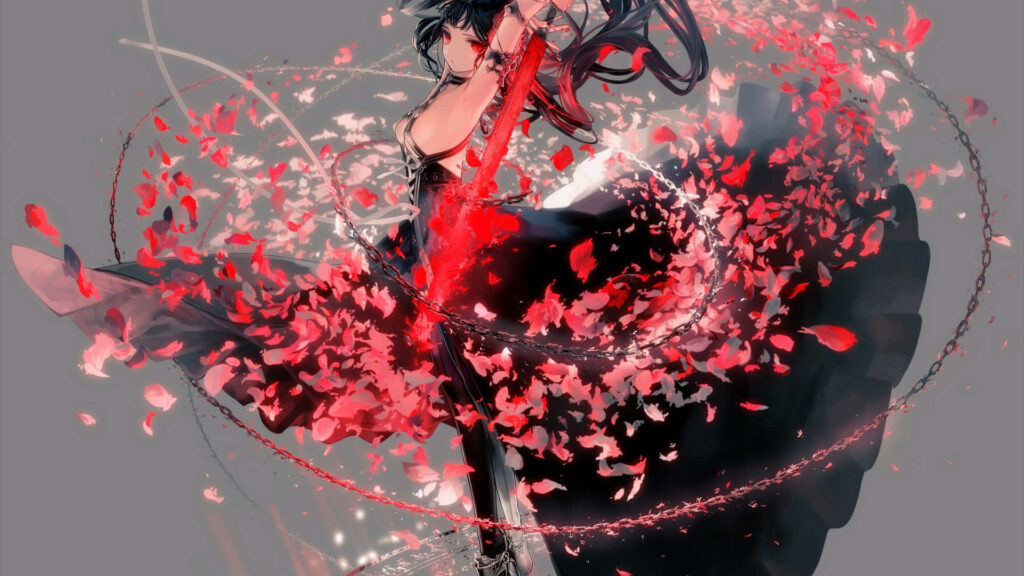 Captivating Anime Character Wallpaper with Dynamic Red & Black Petals