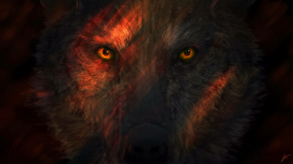 Vibrant Anime Wolf Wallpaper with Intense Orange Eyes