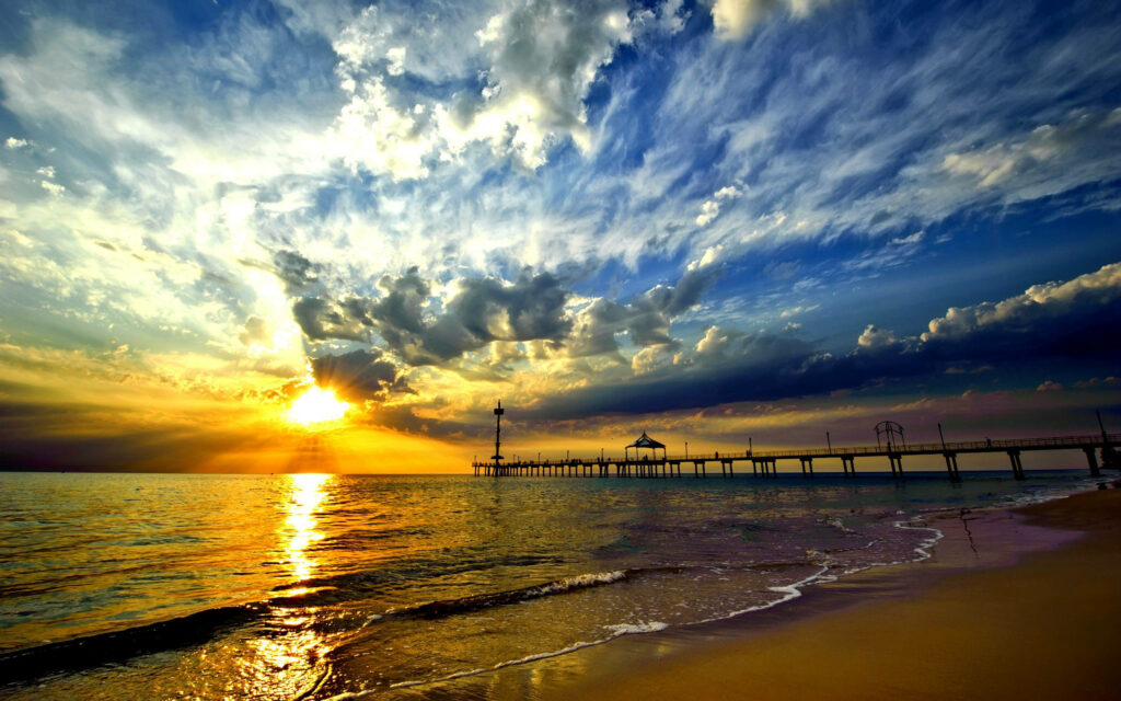 Brighton Jetty South Australia sunset golden light pier ocean peaceful coastal landscape Wallpaper