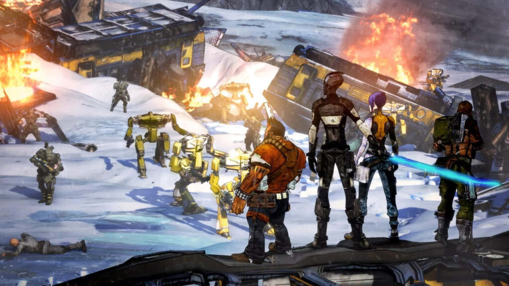 Breathtaking In-Game Scenery: Epic Post-Battle Scene with Fiery Trucks in Borderlands 3 Wallpaper