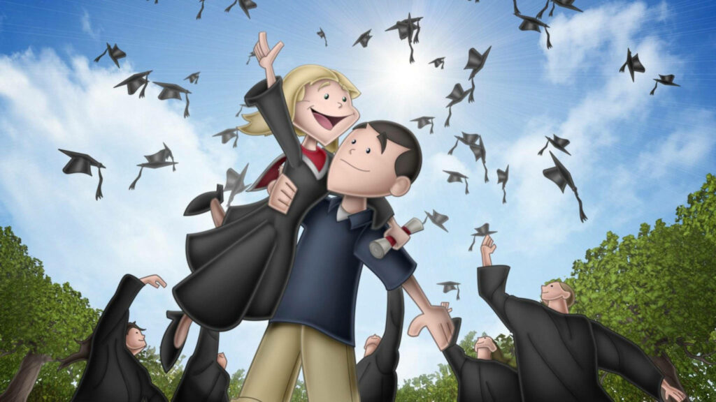 Cartoon-Style Graduation Cap Toss: An Enchanting Digital Illustration Commemorating a Joyous Graduation Celebration Wallpaper