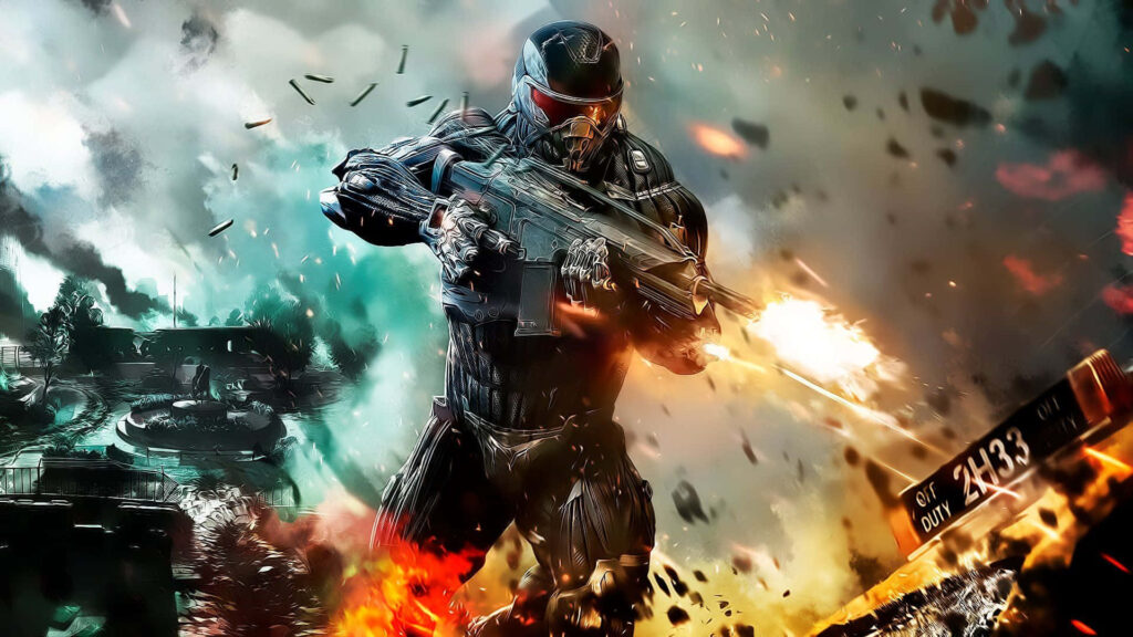 Crysis 3 Nanosuit Alcatraz Wallpaper: Futuristic Bow Warrior in Explosive Battlefield Scene