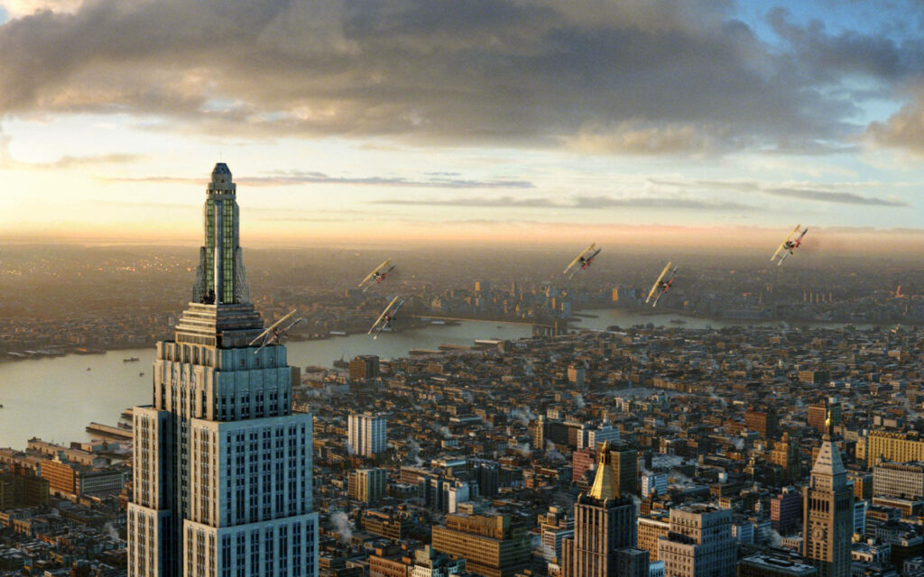 Skyscraping Serenity: Cityscape with Empire State Building and Energetic Rockets in a Gray-Toned Frame Wallpaper