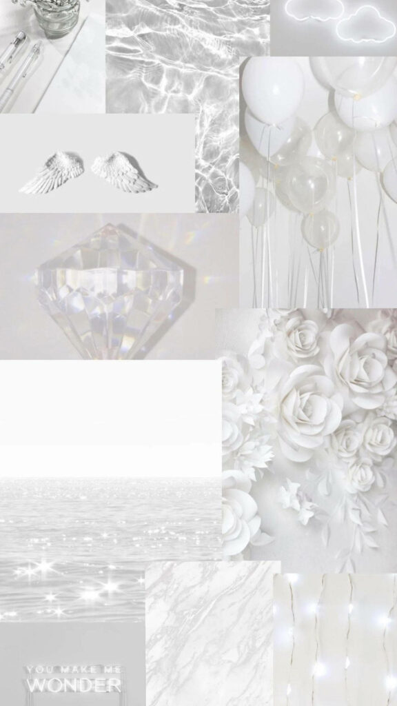 Shimmering White Collage: A Captivating Display of Aesthetically Pleasing Images Wallpaper