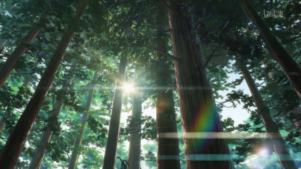 Anime-style magical forest wallpaper with radiant sunlight rainbow lens flares serene nature light